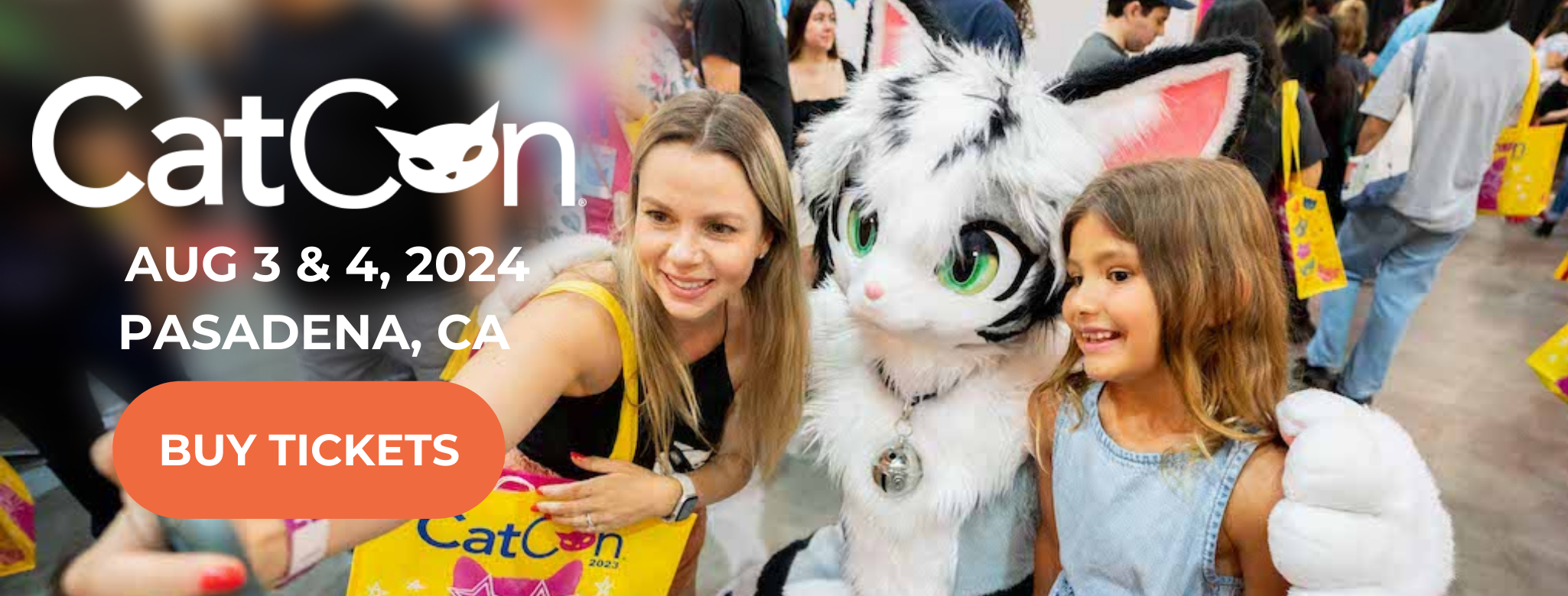 Mom and child selfie with cat cosplayer at CatCon. BUY CATCON 2024 TICKETS NOW!