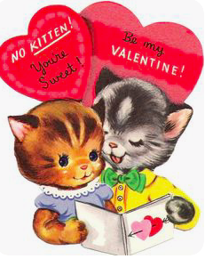 A brown cartoon girl cat standing next to a grey cartoon boy cat who is nuzzling her. The hearts behind them read "NO KITTEN! You're Sweet! Be my VALENTINE!" 