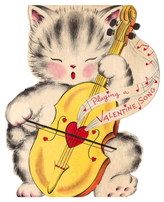 Cartoon cat plays a stylized bass fiddle decorated with hearts. Musical notes emit from the bass with the words "Playing a VALENTINE SONG"