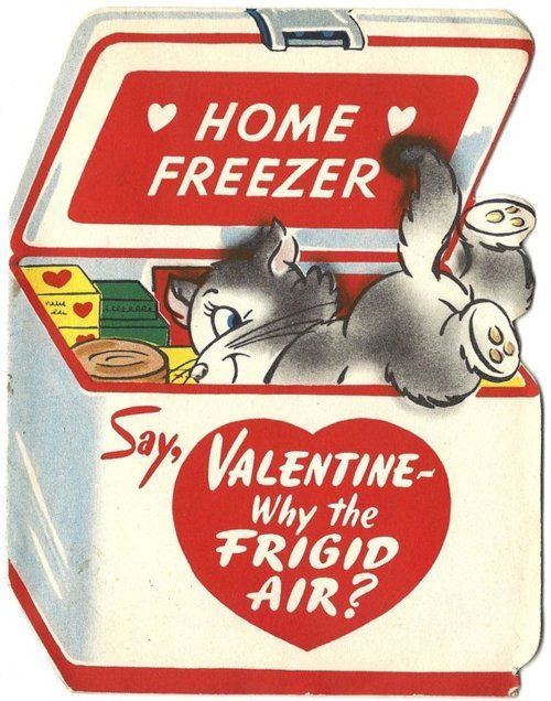 A grey cartoon cat peeks out from a large home freezer filled with frozen food. Caption reads "Say VALENTINE- Why the FRIGID AIR?"