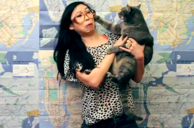 Awkwafina gets swatted by her grey cat. 

Awkwafina plays Katy in Marvel's Shang-Chi and the Legend of the Ten Rings