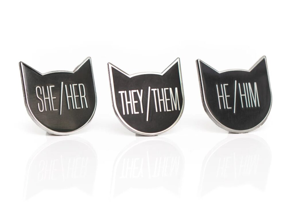 Three cat head silhouette enamel pins with the text: SHE/HER, THEY/THEM, HE/HIM