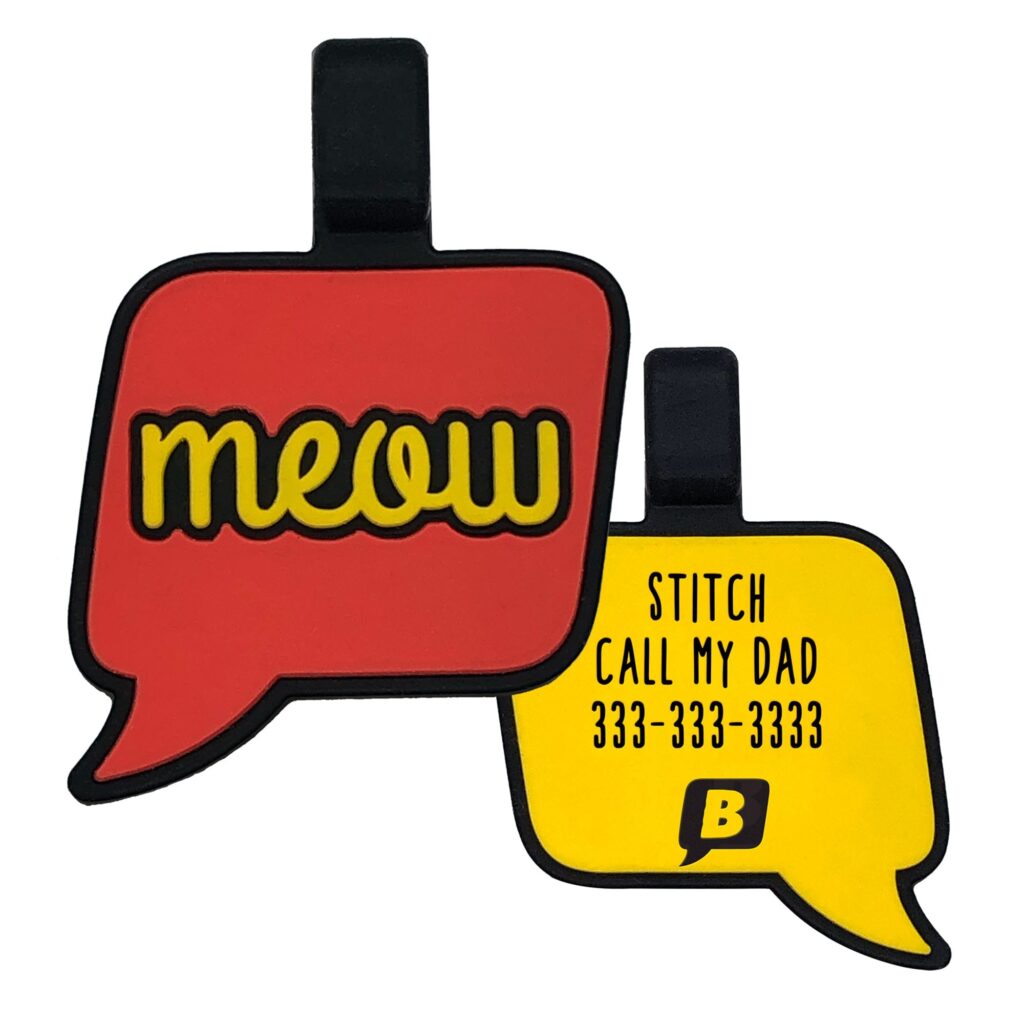 Front and back of a pet tag. Front says "Meow", back says name and phone number