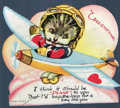 Cartoon cat in a plane with the caption "I think it should be 'PLANE" to you that I'd loop-the-loop for a boy like you"