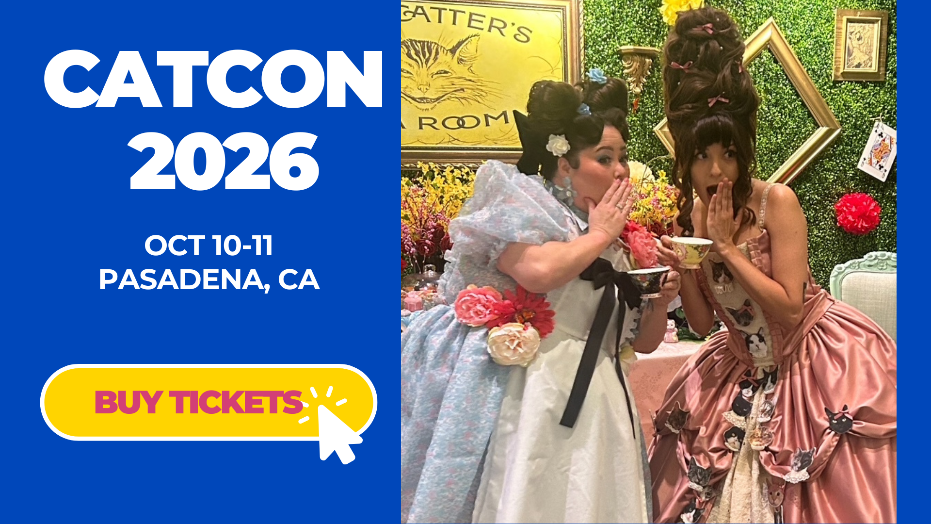 Two women in cosplay whisper to each other at Mad Catter's Tea Room at CatCon